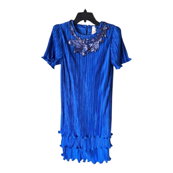 VTG 80s Michael Marcella Beaded Crinckle  Dress 4 Women Blue Y2k USA Layered - Picture 1 of 16